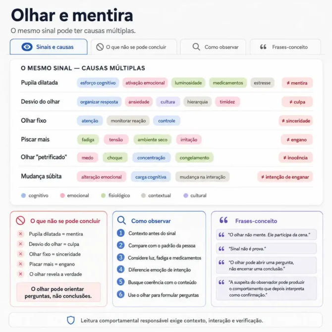 O olhar pode chamar atenção. Mas não condena. Um sinal isolado não prova mentira, culpa ou sinceridade.
