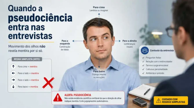 Movimento dos olhos não revela mentira por si só. Entenda por que regras simplistas podem gerar julgamentos automáticos em entrevistas.