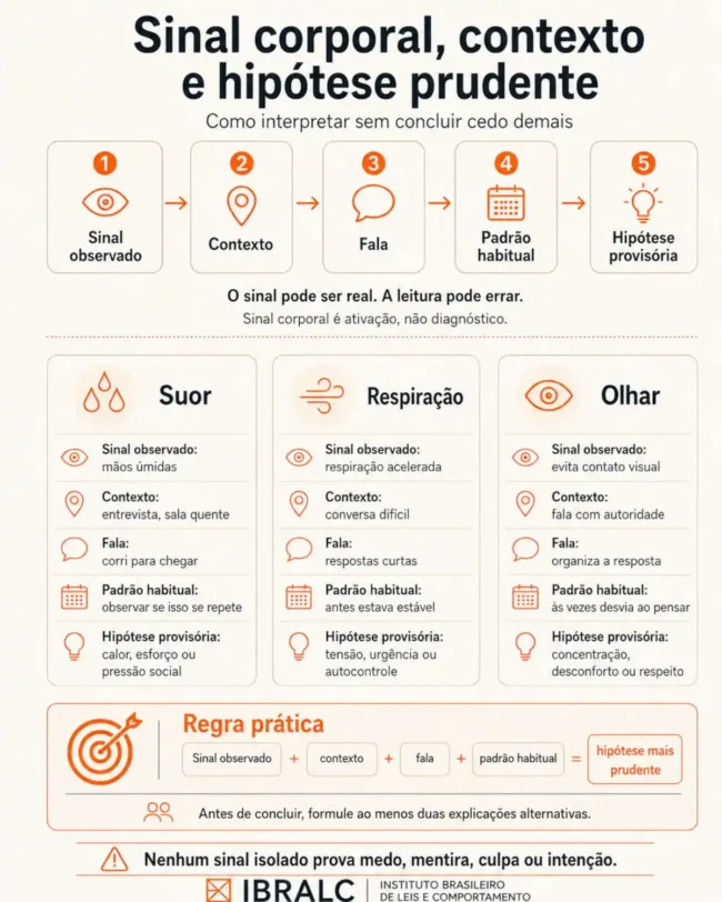 Infográfico do IBRALC mostra como interpretar sinais corporais sem concluir cedo demais sobre medo, mentira, culpa ou intenção.
