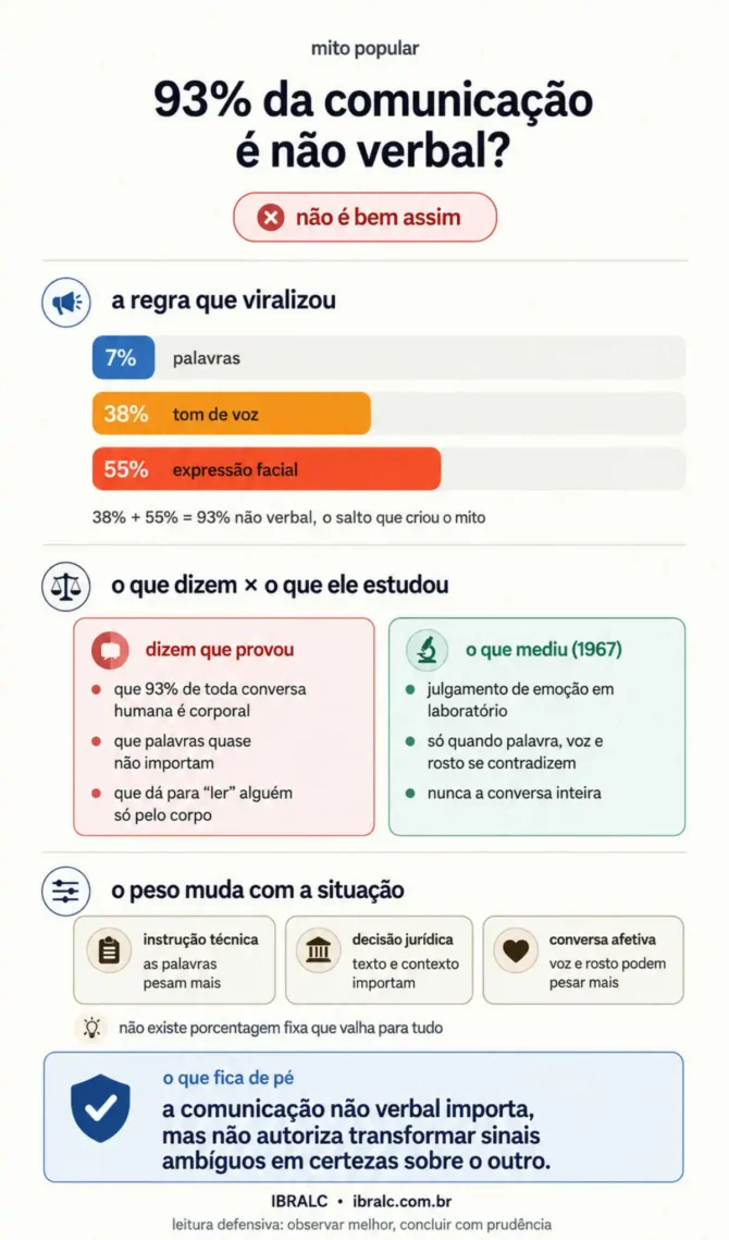 Infográfico explicando por que 93% da comunicação não verbal é um mito e o que Albert Mehrabian realmente estudou