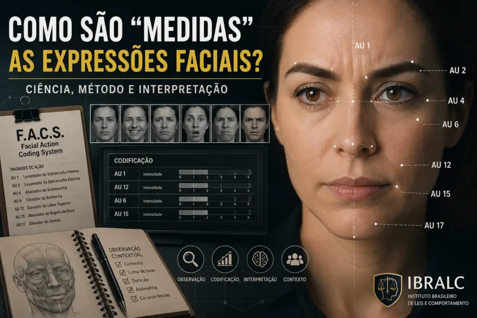 Imagem sobre como são medidas as expressões faciais, com rosto analisado por unidades de ação facial e referência ao sistema FACS.