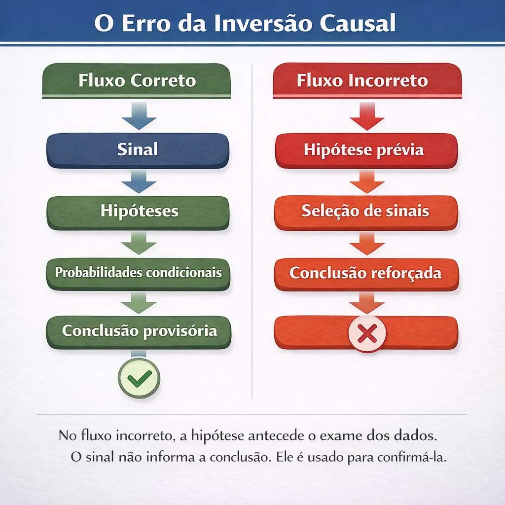 Diagrama comparando fluxo correto de inferência probabilística com erro de inversão causal na leitura comportamental.