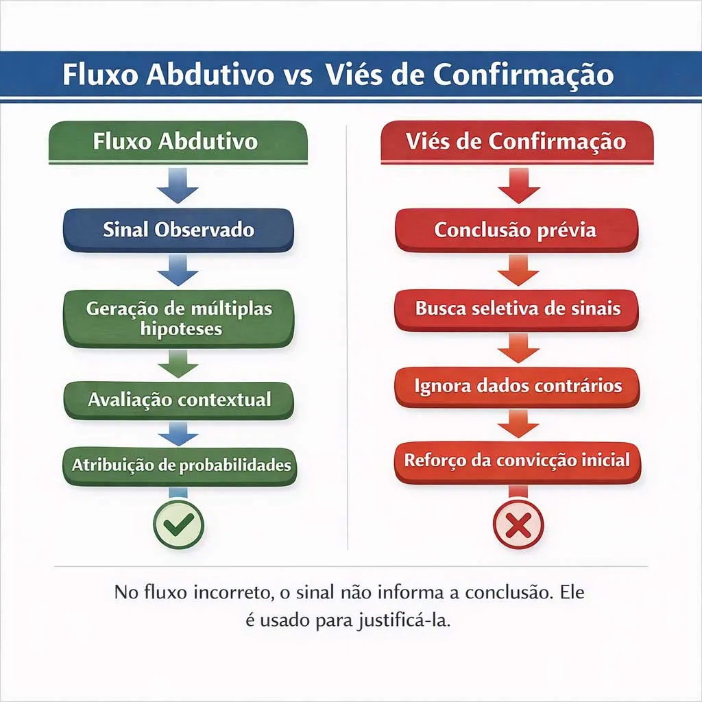 Infográfico comparando fluxo abdutivo correto com viés de confirmação na interpretação de sinais comportamentais.