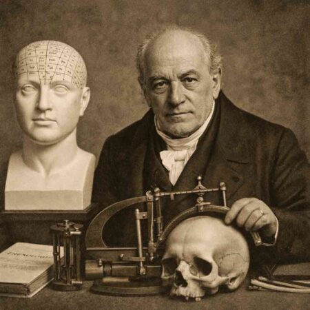Imagem histórica representando a frenologia com Franz Joseph Gall e instrumentos de medição craniana.