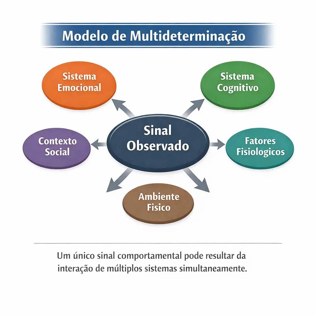 Diagrama radial mostrando como um sinal comportamental pode resultar da interação entre sistema emocional, cognitivo, fatores fisiológicos, contexto social e ambiente físico.