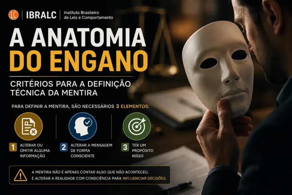Imagem editorial sobre a anatomia do engano, com pessoa segurando máscara e três critérios para definir a mentira: alteração da informação, consciência e propósito.