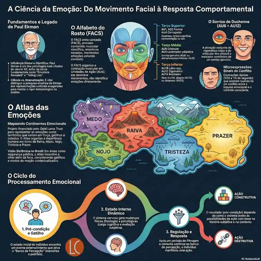 Infográfico sobre ciência da emoção mostrando sistema FACS, Atlas das Emoções e ciclo de processamento emocional com ações construtivas e destrutivas.
