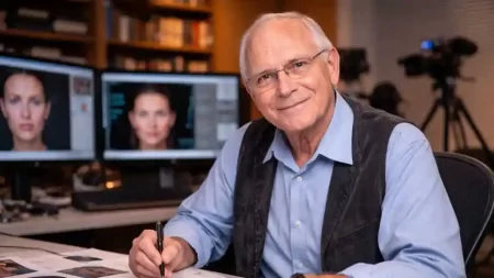 Paul Ekman em ambiente de pesquisa analisando expressões faciais e microexpressões com o sistema FACS em laboratório de ciência das emoções.