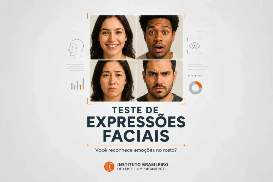 Teste de expressões faciais do IBRALC com rostos representando emoções básicas e leitura emocional contextual.