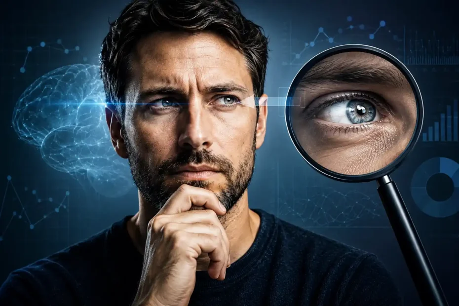 Homem em pose de análise com olhar lateral e detalhe ampliado do olho, representando a crença de que o movimento ocular pode revelar mentira.