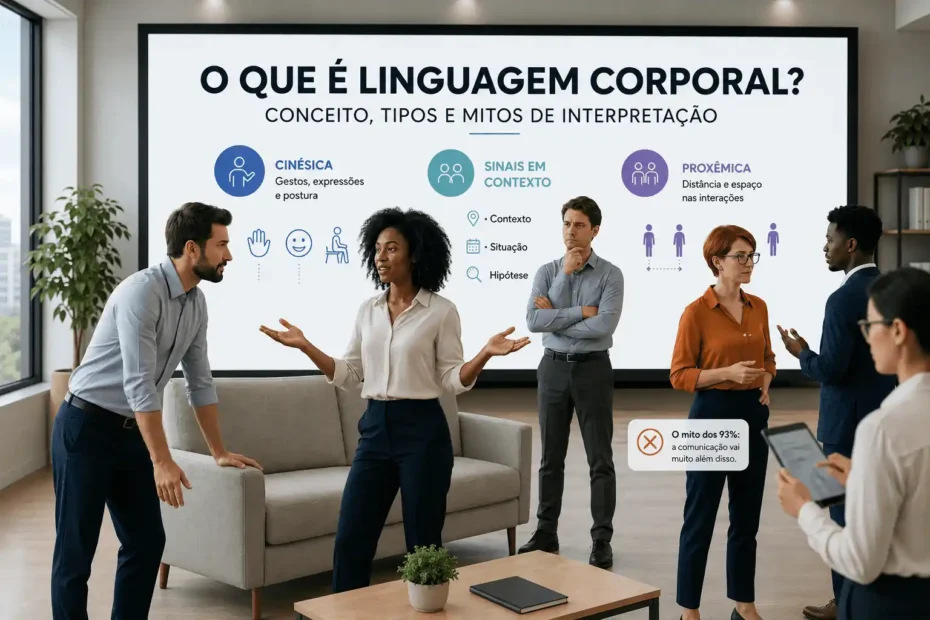 Imagem sobre linguagem corporal em uma reunião, com pessoas interagindo diante de painel sobre cinésica, proxêmica e sinais em contexto.