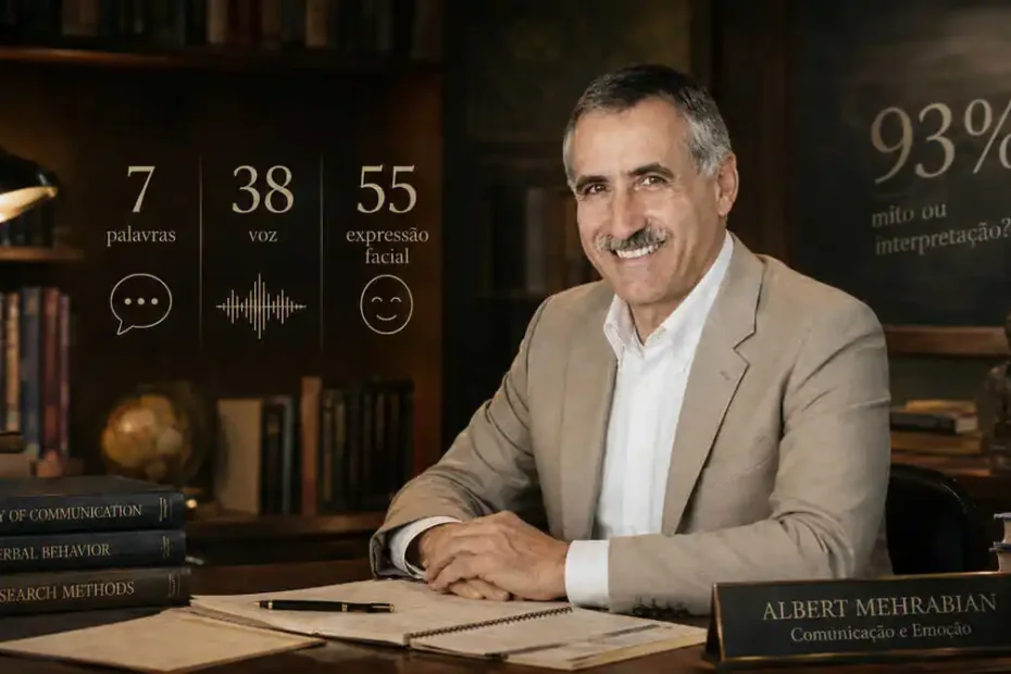 Albert Mehrabian em ambiente acadêmico com referência à regra 7-38-55 e ao mito dos 93% da comunicação não verbal.