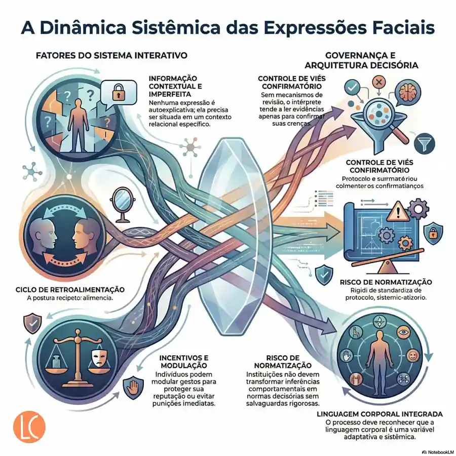 Infográfico científico explicando como contexto, viés cognitivo, incentivos sociais e governança influenciam a leitura de expressões faciais e decisões comportamentais.