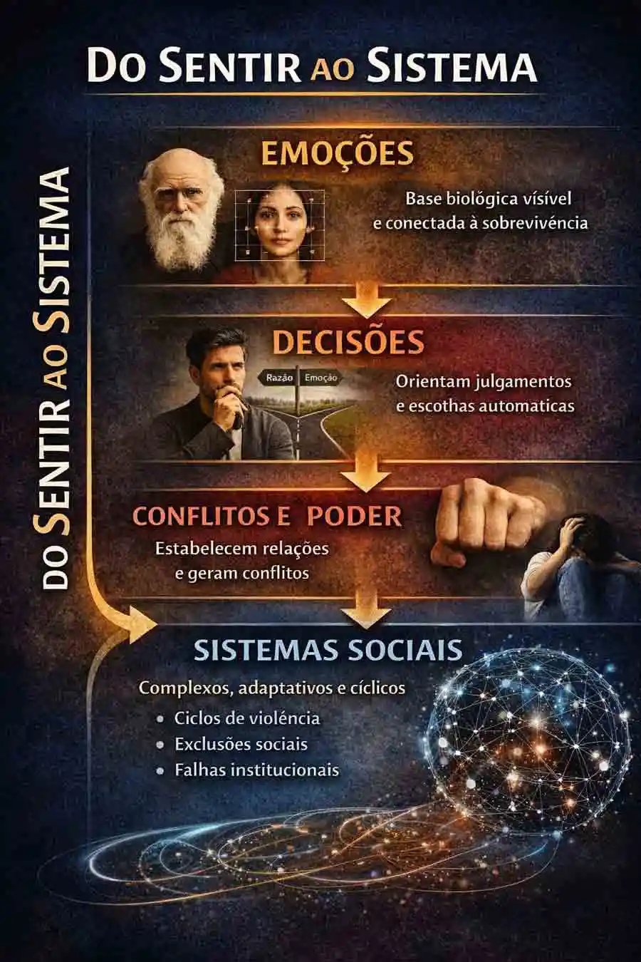 Infográfico mostrando relação entre emoções, decisões, conflitos e sistemas sociais complexos.