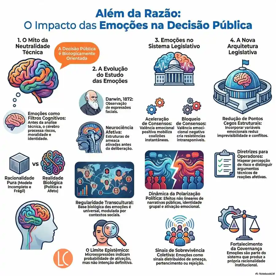 Infográfico educativo explicando o papel das emoções na decisão pública, incluindo filtros cognitivos, polarização política, consenso, governança e arquitetura legislativa baseada em fatores emocionais.