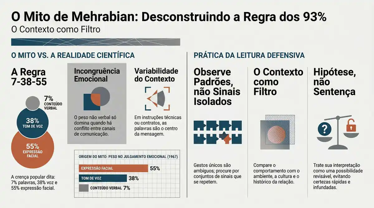 Infográfico sobre o mito de Mehrabian, a regra 7-38-55 e o uso do contexto como filtro na leitura defensiva.