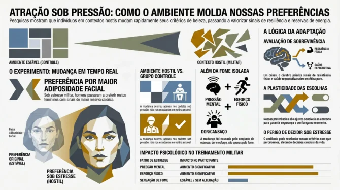 Infográfico sobre atração sob pressão mostra como ambientes hostis podem alterar preferências faciais e critérios de beleza.