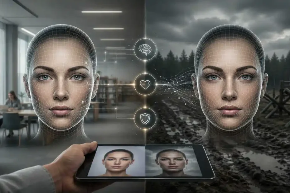 Imagem destacada sobre preferências faciais e ambiente, com duas faces digitais comparadas em contextos distintos de conforto e pressão.