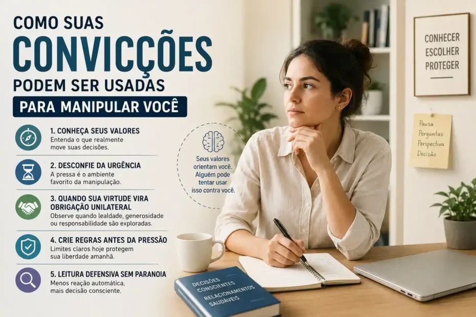 Pessoa refletindo sobre manipulação por convicções, crenças, valores e decisões em ambiente cotidiano de leitura.