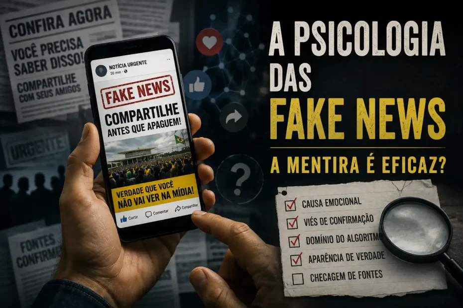 Imagem sobre psicologia das Fake News, com celular exibindo notícia falsa, pedido de compartilhamento e sinais de manipulação informacional.
