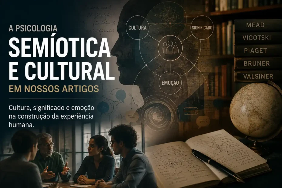 Imagem sobre Psicologia Semiótica e Cultural, com cultura, significado, emoção e autores como Mead, Vigotski, Piaget, Bruner e Valsiner.