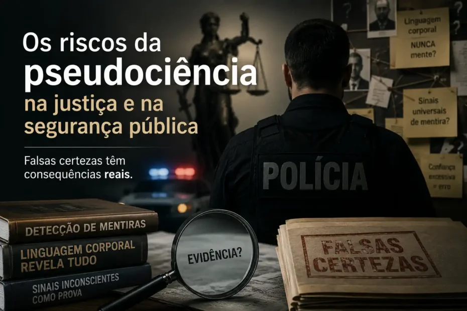 Imagem sobre os riscos da pseudociência na justiça e na segurança pública, com policial, símbolos de investigação e falsas certezas.