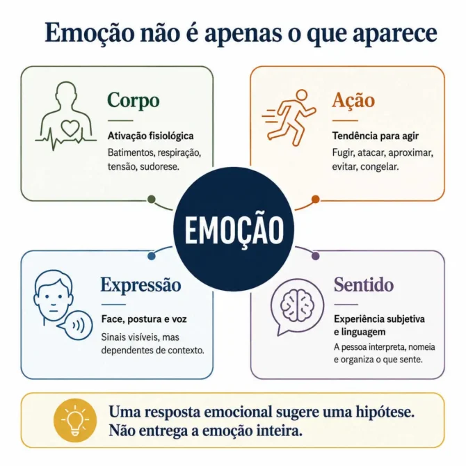 Infográfico mostra que emoção não é apenas resposta emocional, mas envolve corpo, ação, expressão, experiência subjetiva e linguagem.