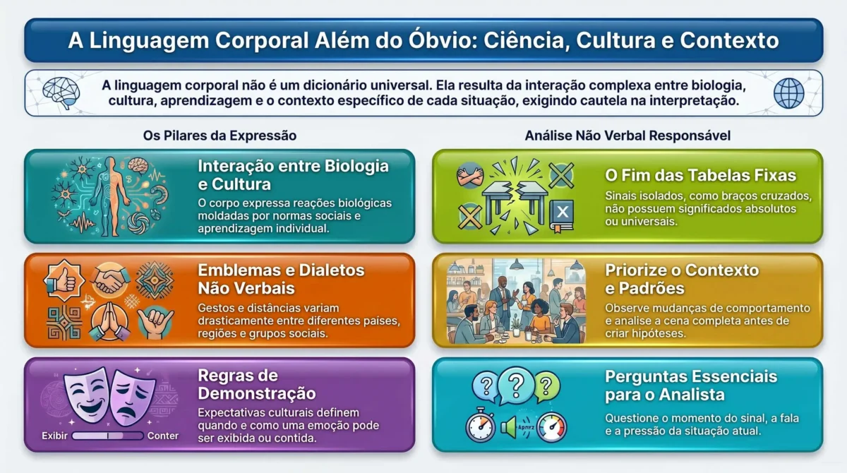 Entenda por que a linguagem corporal depende da cultura, do contexto e da situação. Sinais isolados não bastam para concluir.