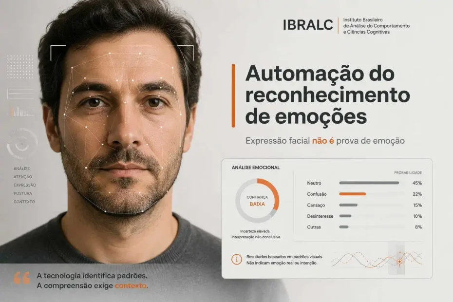 Imagem sobre automação do reconhecimento de emoções, com análise facial por IA e alerta de que expressão facial não prova emoção.