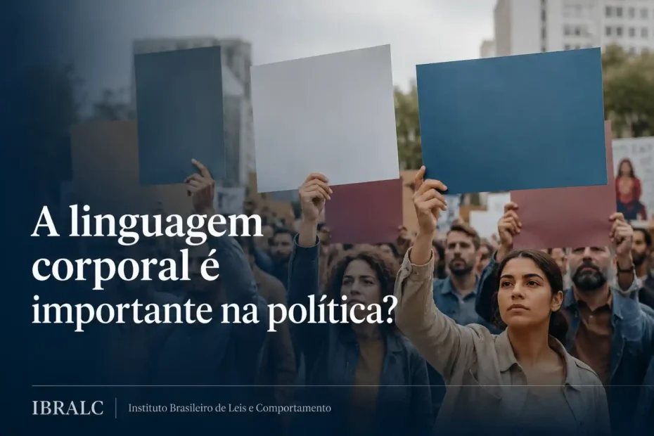 Multidão em manifestação com cartazes erguidos e a frase “A linguagem corporal é importante na política?” em imagem destacada do IBRALC.
