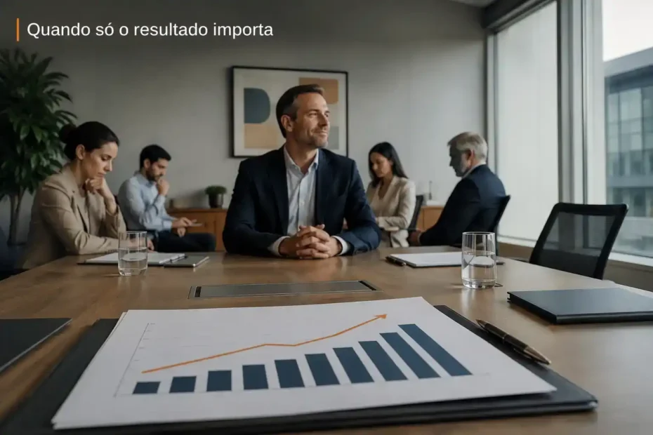 Psicopatia funcional no trabalho em reunião corporativa com gráfico de resultado positivo e sinais discretos de tensão na equipe