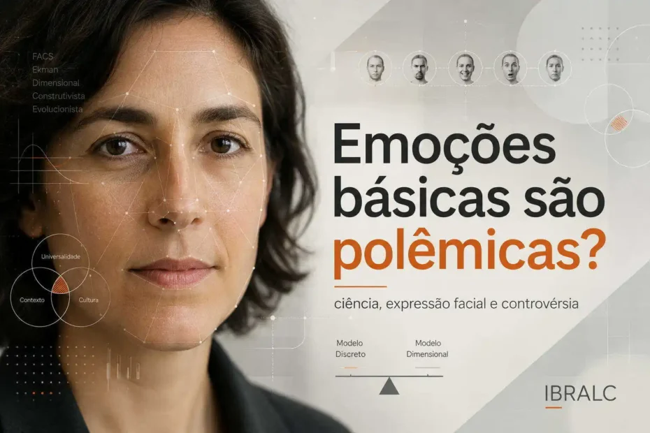 Imagem editorial sobre emoções básicas, expressão facial, FACS, modelos teóricos das emoções e controvérsias científicas.
