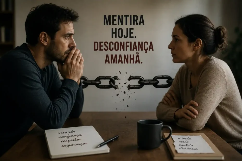 Duas pessoas conversam em tensão diante de uma corrente rompida, representando o efeito da mentira na confiança e a desconfiança acumulada.