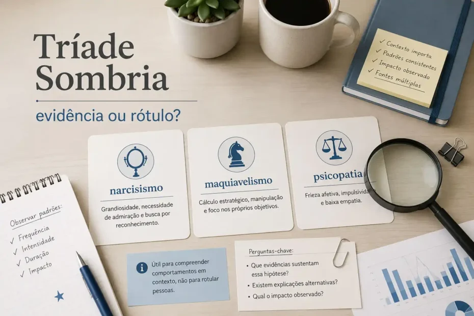 Imagem destacada sobre Tríade Sombria com cartões de narcisismo, maquiavelismo e psicopatia sobre mesa de análise.
