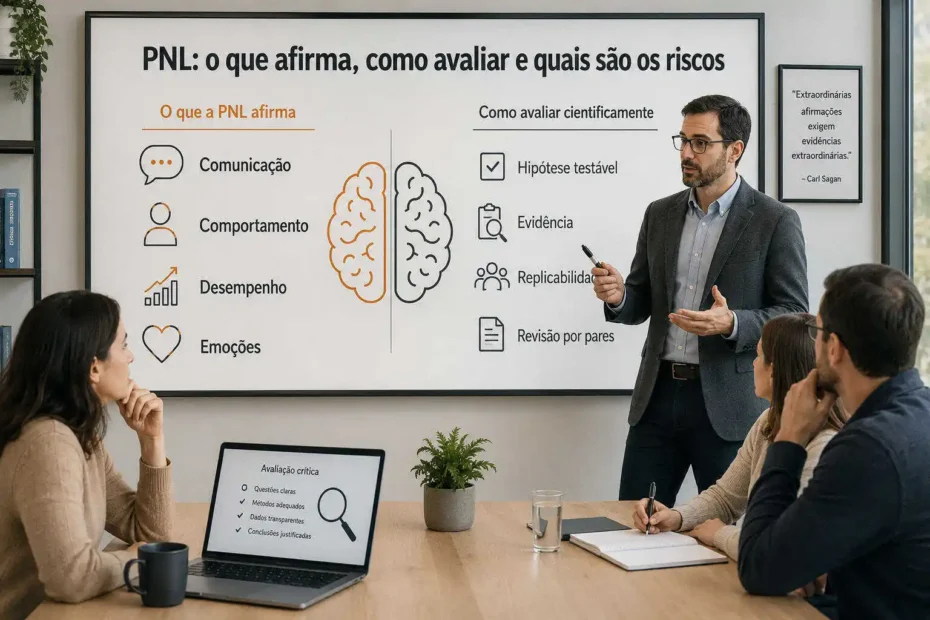 Imagem editorial mostra formação sobre PNL com contraste entre promessas comuns da Programação Neurolinguística e critérios de avaliação científica.