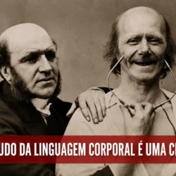 Imagem histórica em tom sépia mostra Darwin ao lado de homem com aparato facial, com chamada sobre linguagem corporal científica e expressão emocional.