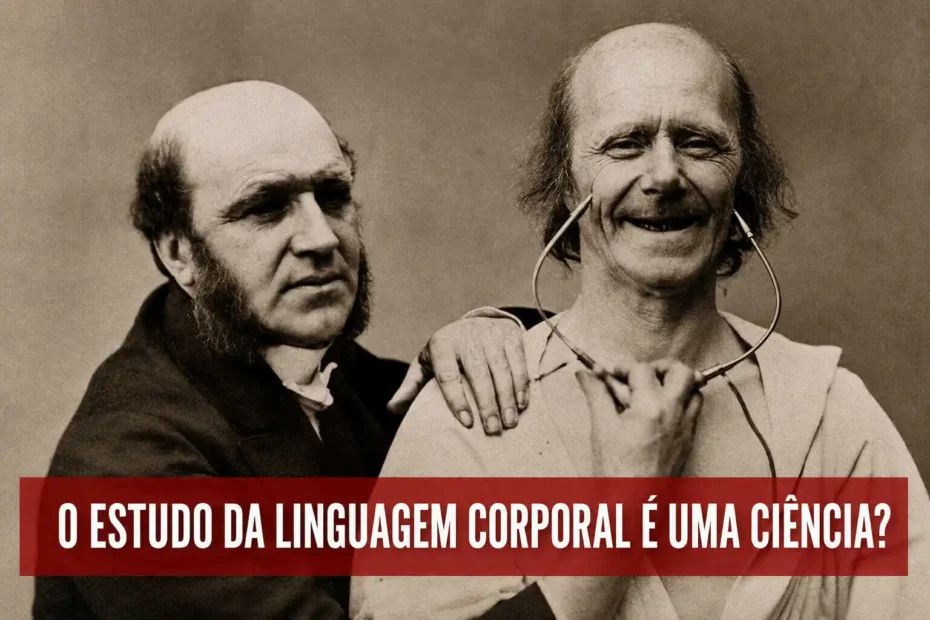Imagem histórica em tom sépia mostra Darwin ao lado de homem com aparato facial, com chamada sobre linguagem corporal científica e expressão emocional.