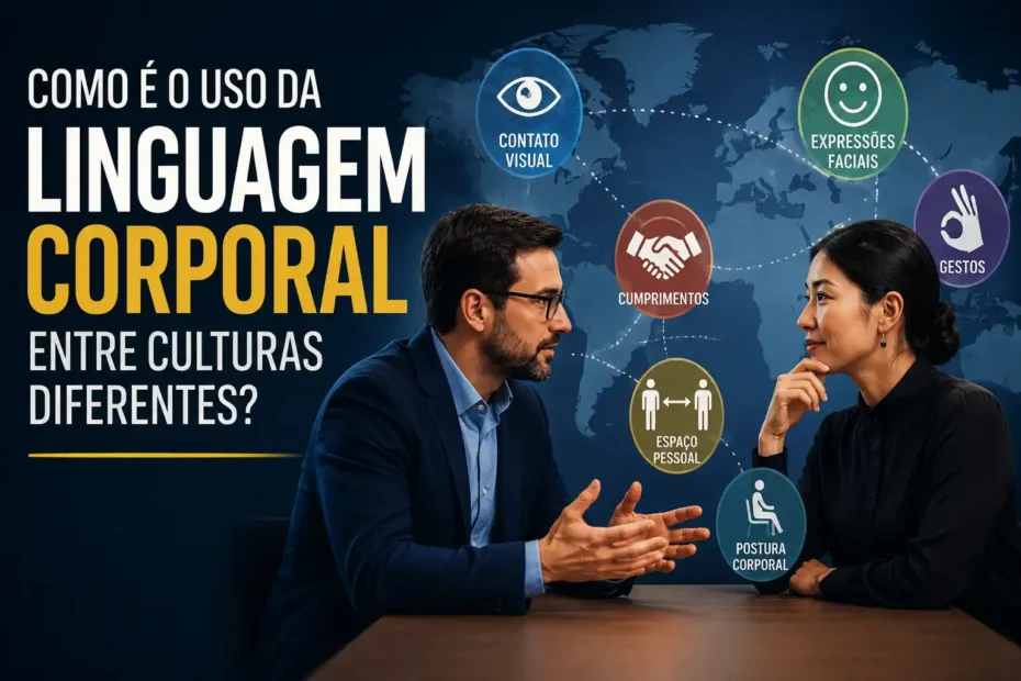 Imagem destacada sobre linguagem corporal entre culturas diferentes, com duas pessoas conversando diante de mapa-múndi e ícones de contato visual, gestos, expressões faciais, cumprimentos, postura e espaço pessoal.
