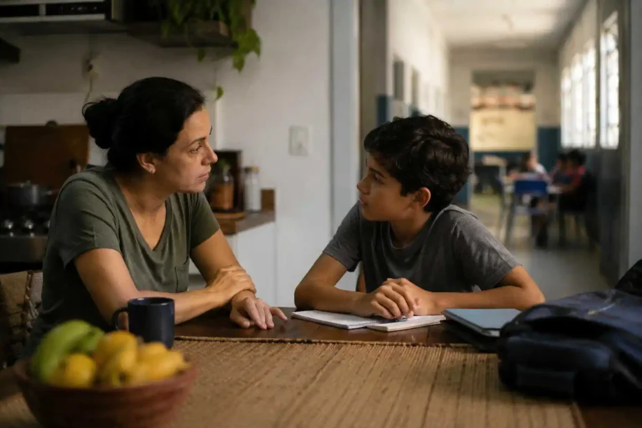 Mãe e criança conversam em casa com material escolar à mesa, simbolizando crenças e valores na família e violência na escola.