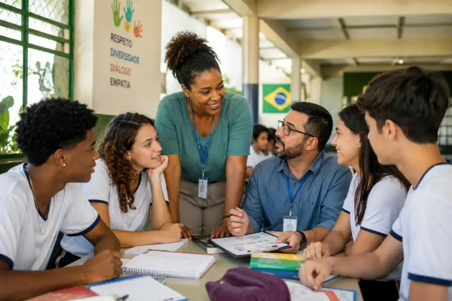 Professores, estudantes e equipe escolar em diálogo sobre enfrentamento integral à violência escolar.