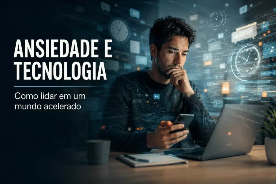 Imagem representa ansiedade digital, pressão temporal e sobrecarga de notificações em ambientes tecnológicos acelerados.