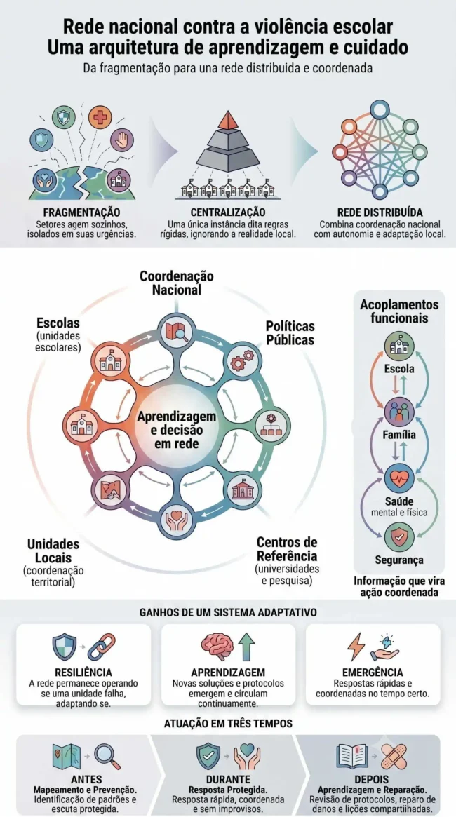 Infográfico sobre rede nacional de enfrentamento à violência escolar, com fragmentação, centralização, rede distribuída e acoplamentos funcionais.