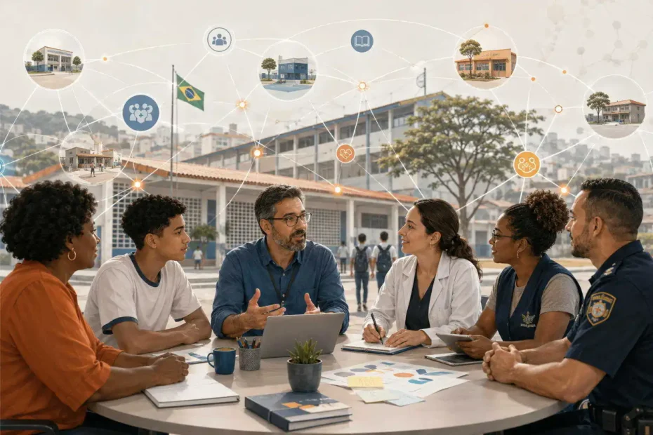 Reunião entre escola, estudante, saúde, assistência social e segurança pública para representar rede nacional contra violência escolar.