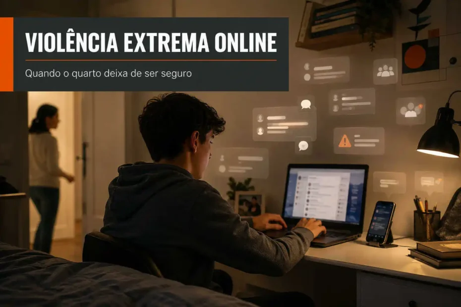 Imagem editorial mostra jovem usando internet no quarto, com sinais visuais discretos de risco digital, para ilustrar artigo sobre violência extrema online e proteção infantojuvenil.