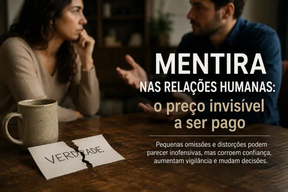 Casal conversa em clima de tensão discreta, com papel rasgado escrito verdade, representando a mentira nas relações humanas e a perda de confiança.