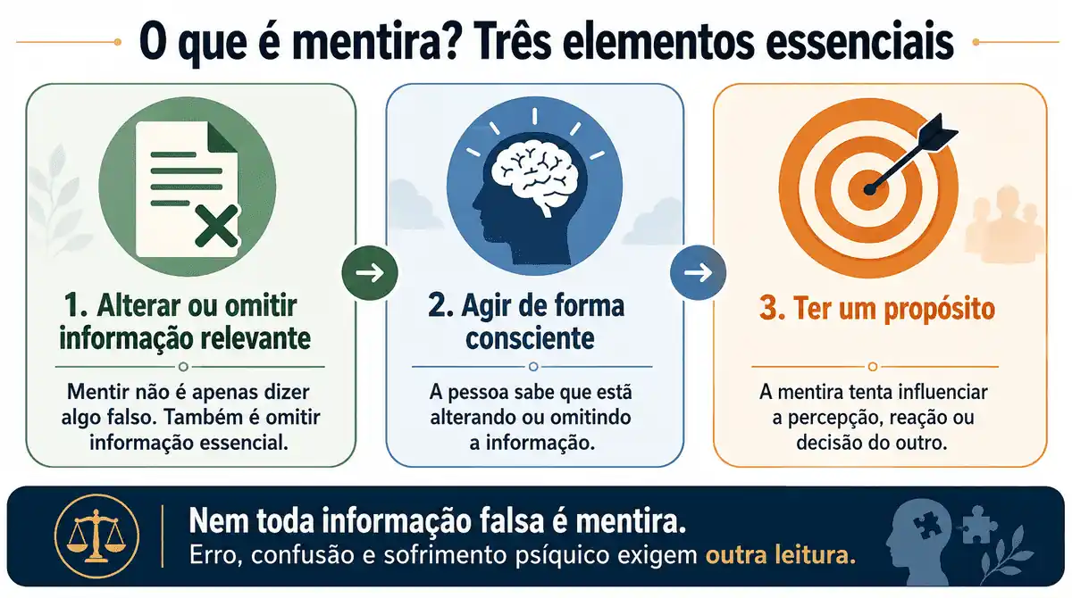 Infográfico explicando os três elementos essenciais da mentira: omitir ou alterar informação relevante, agir de forma consciente e ter propósito de influenciar o outro.