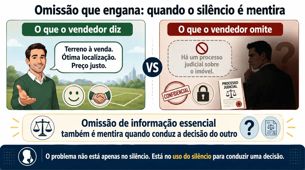 Infográfico sobre omissão enganosa em venda de terreno, mostrando a diferença entre o que o vendedor diz e o que omite sobre processo judicial do imóvel.