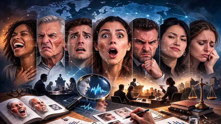 Ilustração conceitual sobre universalidade das expressões faciais com diferentes rostos humanos e elementos de análise científica ao fundo.