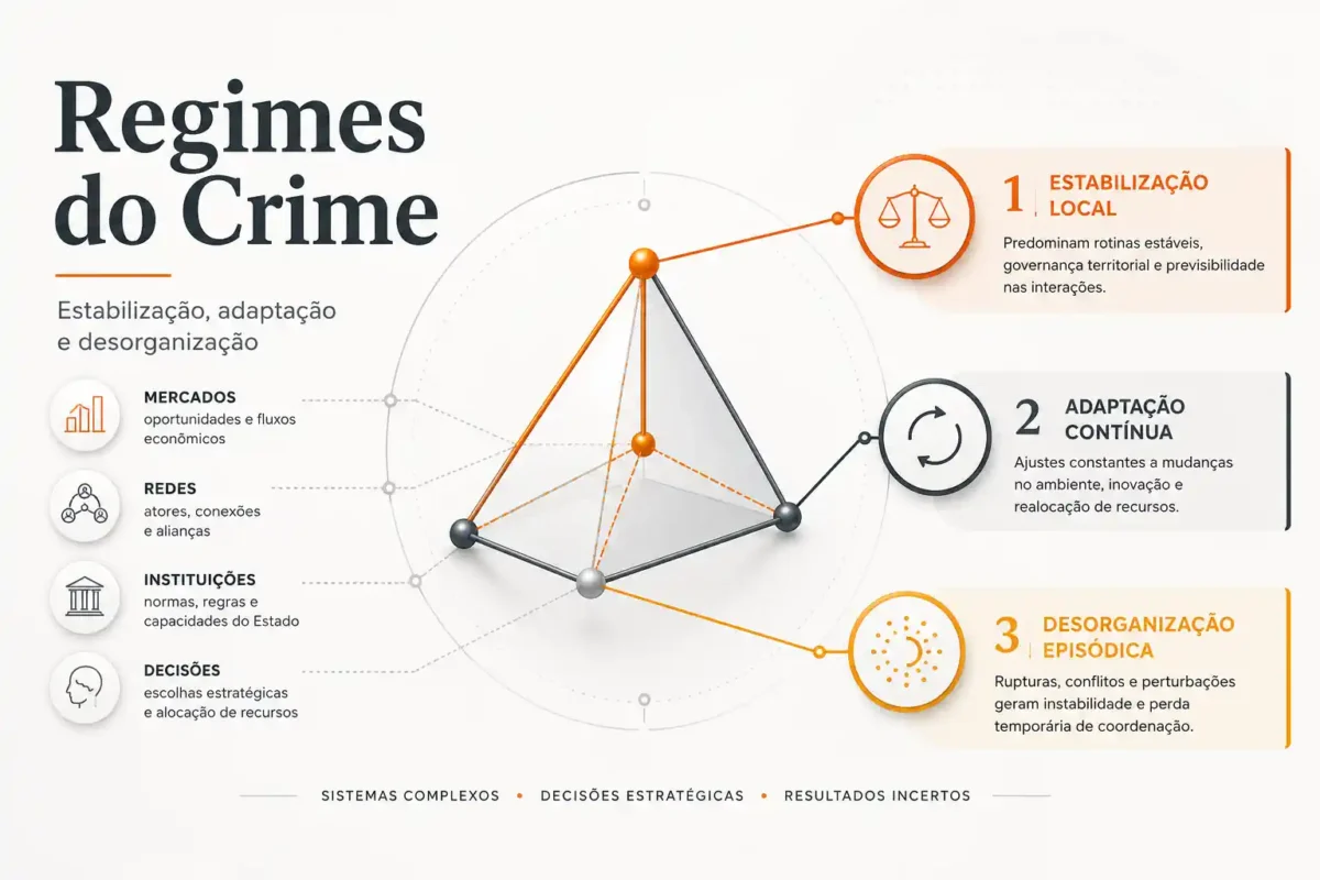 Infográfico sobre regimes do crime, com estrutura em tetraedro conectando mercados, redes, instituições e decisões aos regimes de estabilização local, adaptação contínua e desorganização episódica.
