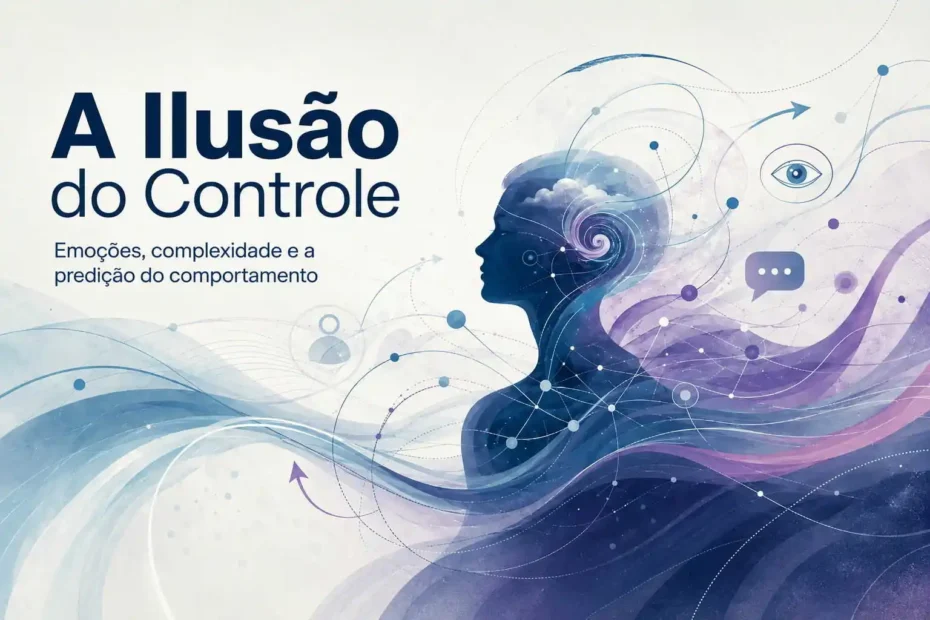Imagem destacada sobre a ilusão do controle e a complexidade das emoções humanas, com silhueta, redes, ondas e sinais de comunicação.